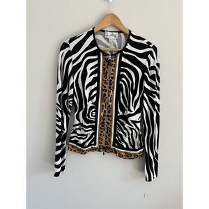 Joseph Ribkoff Zebra Leopard Animal Print Zip Up Jacket Black White Jersey Sz 4